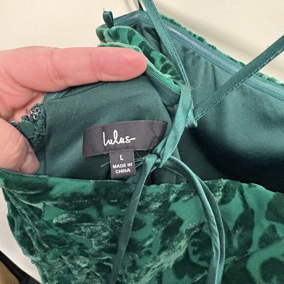 Lulu’s Womens Leave You Wishing Emerald Green Burnout Velvet Lace-Up Dress Sz L - Picture 12 of 12